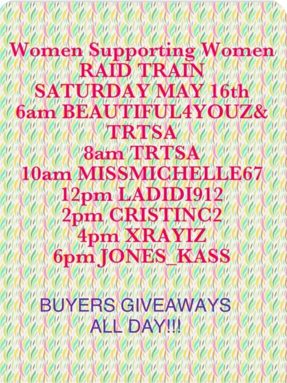 Women Supporting Women Raid Train  May 16th!